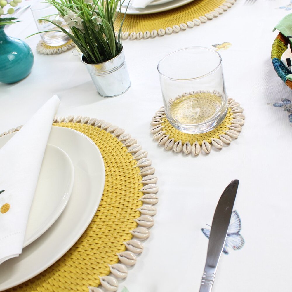 NEW Set of 4-Premium Coasters-Seashell-Trimmed Rattan-Yellow-Eco Handcraft